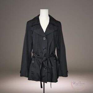 Faded Glory Black Trench Coat L – Belted Button Front Classic Jacket
